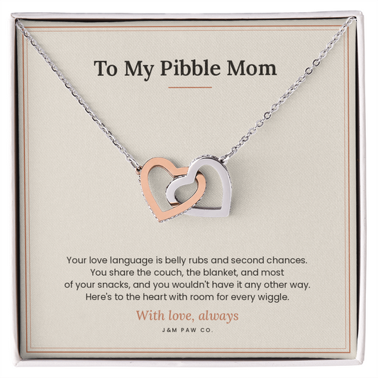 Pibble Mom Interlocking Hearts necklace on message card in gift box