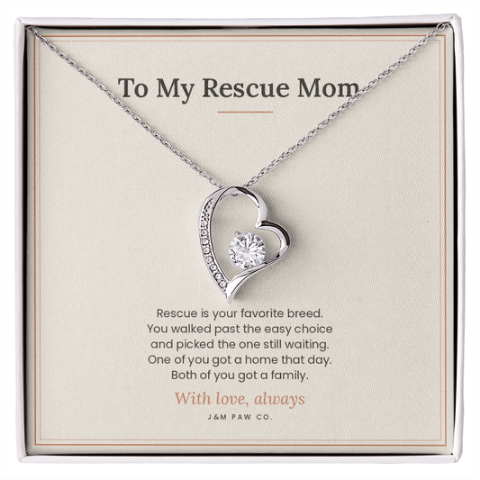 Rescue Mom Forever Love necklace, 14k white gold finish, on message card in gift box