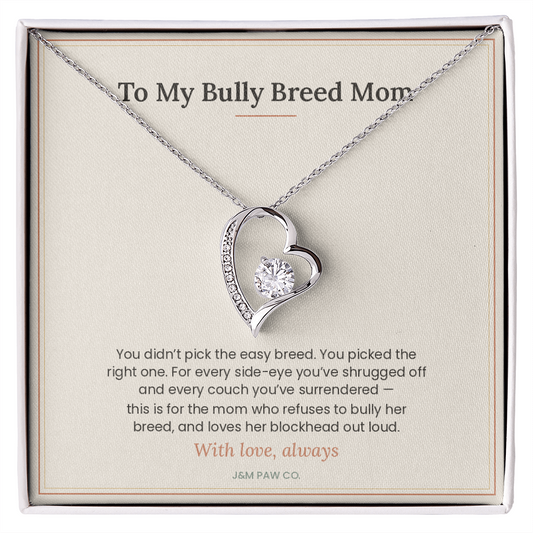 Bully Breed Mom Forever Love heart necklace, 14k white gold finish, on message card in gift box