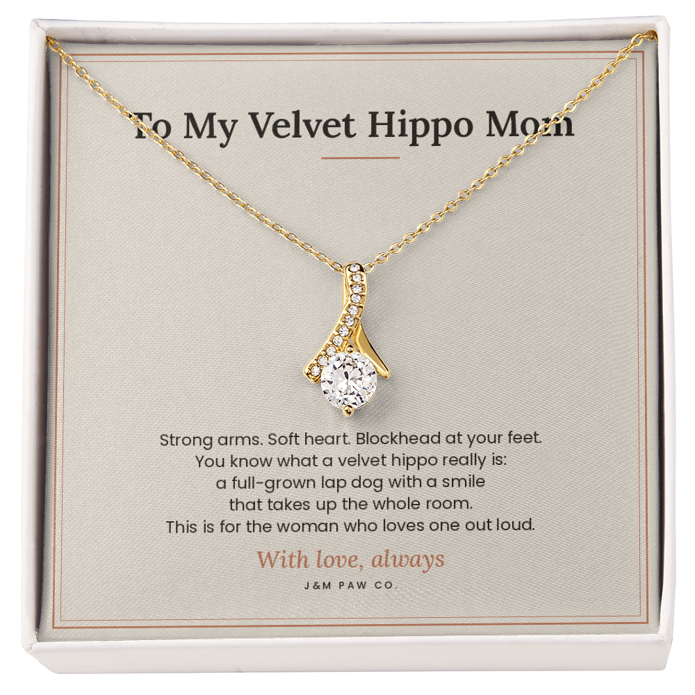 Velvet Hippo Mom Alluring Beauty necklace, 18k yellow gold finish, on message card