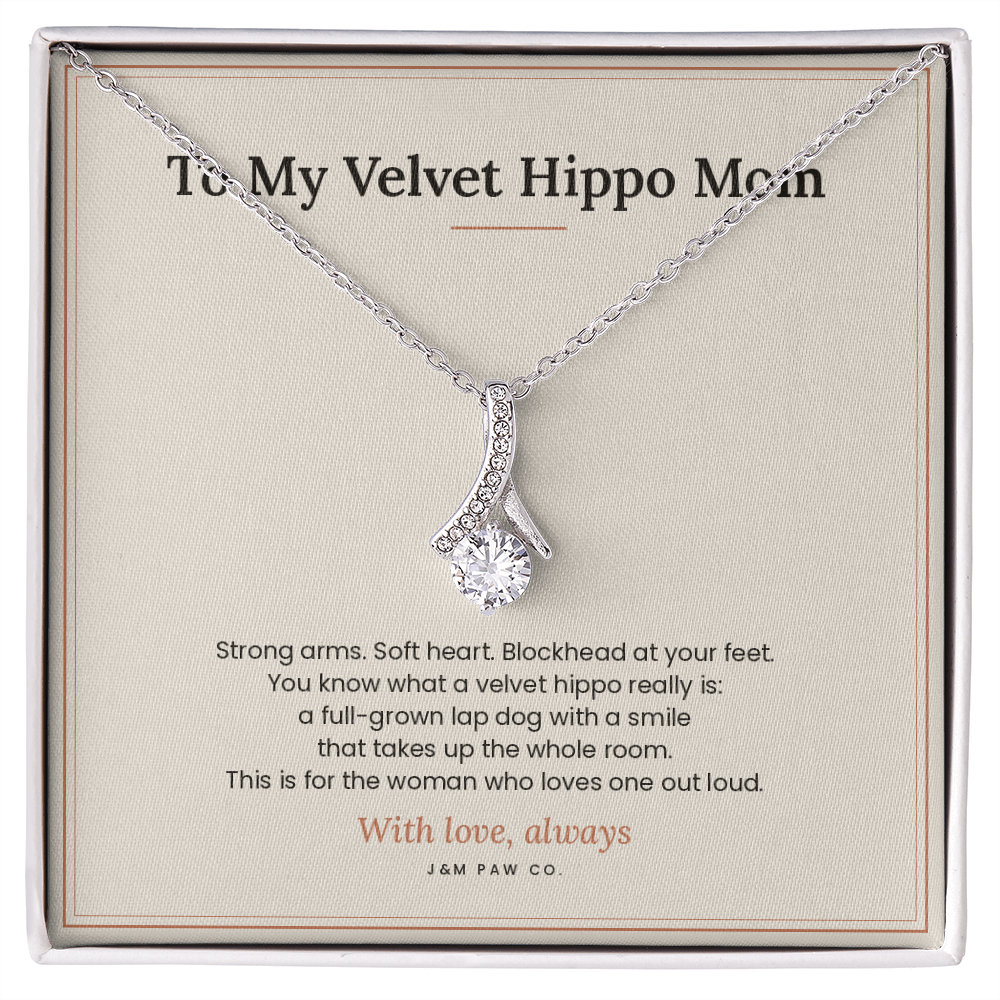Velvet Hippo Mom Alluring Beauty necklace, 14k white gold finish, on message card in gift box