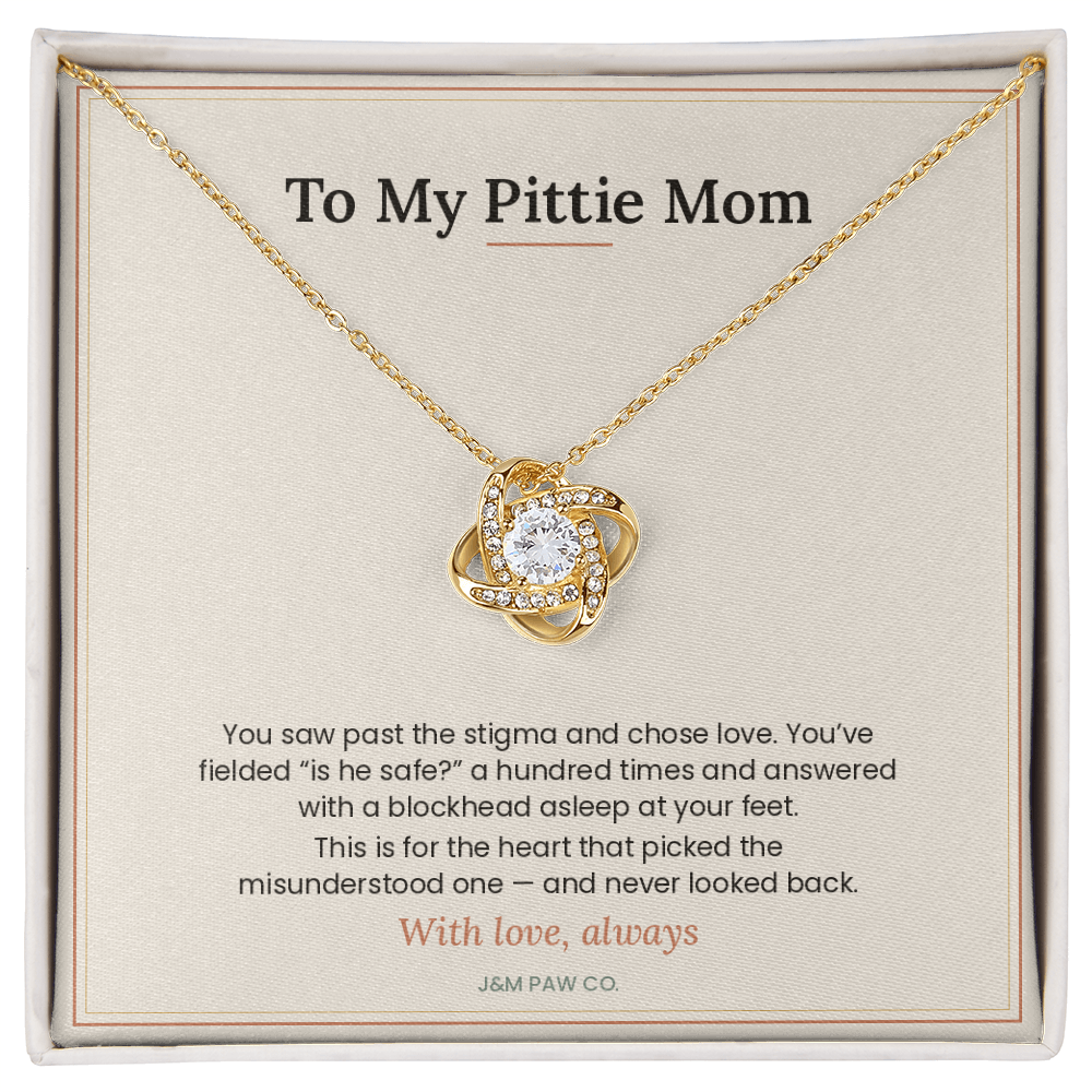 Pittie Mom Love Knot necklace, 18k yellow gold finish, on message card
