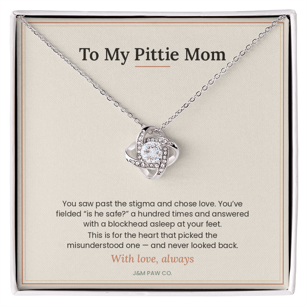 Pittie Mom Love Knot necklace, 14k white gold finish, on message card in gift box