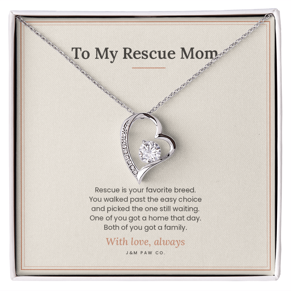 Rescue Mom Forever Love necklace, 14k white gold finish, on message card in gift box