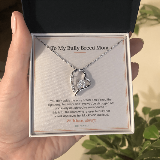 Bully Breed Mom Forever Love necklace held in hand showing heart pendant and message card